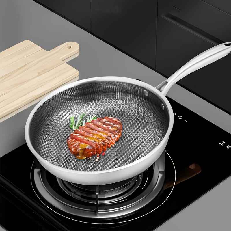 High-Quality Stainless Steel Frying Pan with Non-Stick Honeycomb Surface, Long-Handled Flat Pan for All Ovens