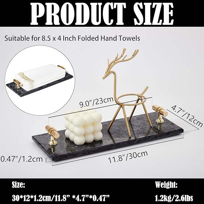 12" Marble Tray Napkin and Towel Organizer with Golden Handles