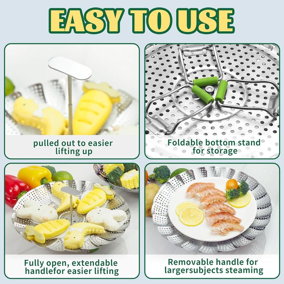 Collapsible Stainless Steel Steamer with Removable Handle for Pots