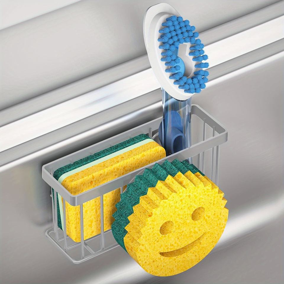 Smiley-Sponge Holder, Kitchen Sink Organizer with 2 Suction Cups/1 Adhesive Strip, Sink Drain Rack