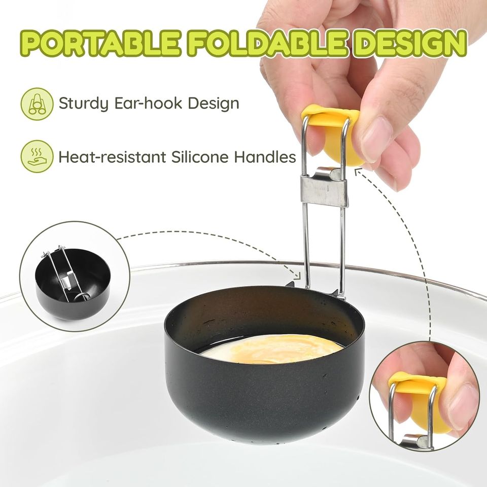 Foldable Metal Round Egg Cooker in Food-Grade Quality with Foldable Hanging Ear Anti-Stick Egg Pot for Kitchen Home Use Egg Tools