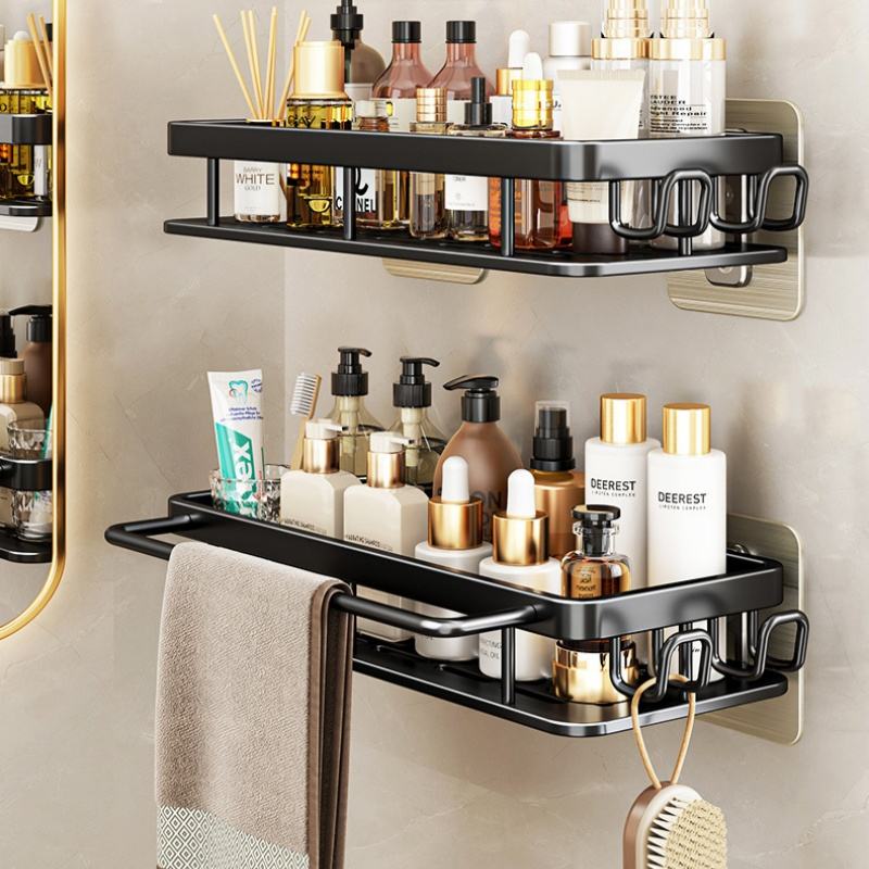 Black Bathroom Shelf Organizer Rack with Self-Adhesive Wall Mount for Bathroom Accessories
