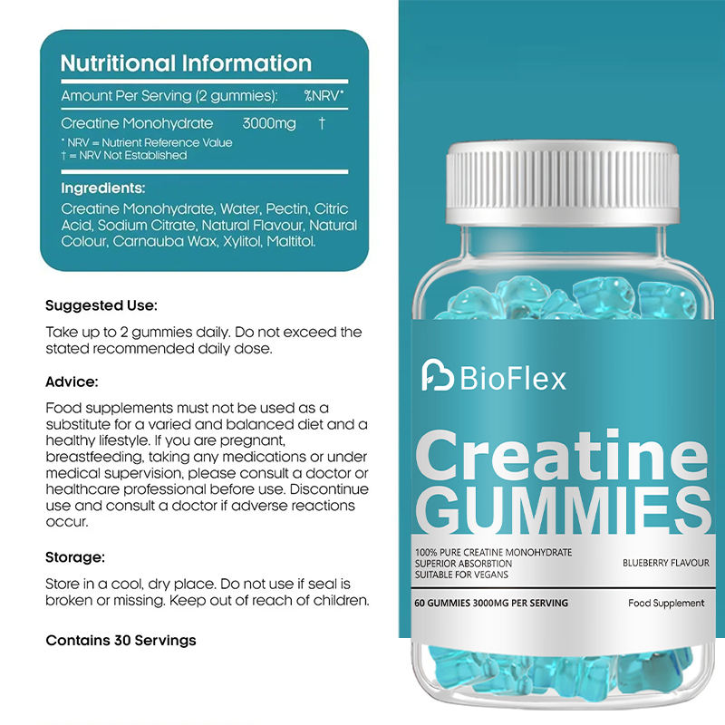 BioFlex 3000mg Pre-Workout Creatine Monohydrate Gummies Dietary Supplement with Private-Label Branding and Chinese Factory-Made Flavor for Adults