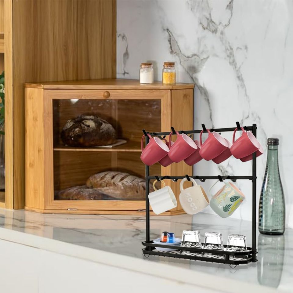 2-Tier Wall Organizer Cabinets in Polished Stainless Steel Large Coffee Cup Display Stand Storage Box for Kitchen Pots