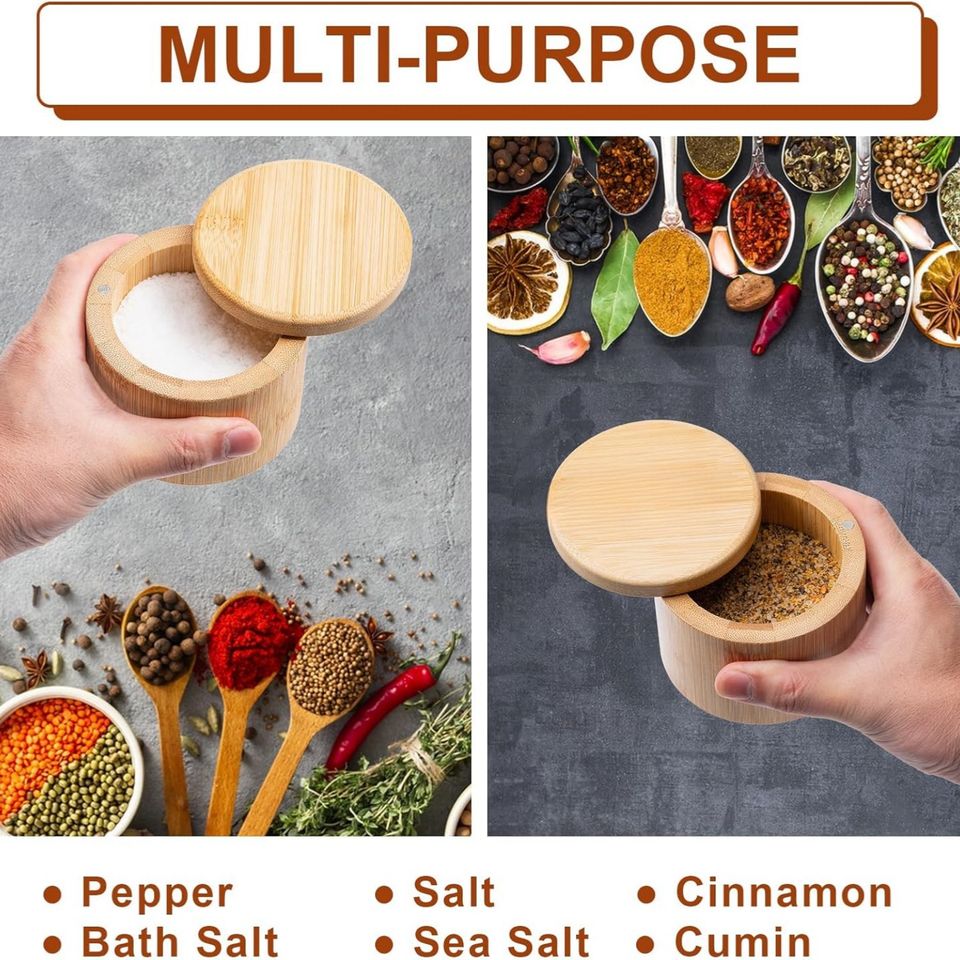 Bamboo Rotating Lid Magnetic Ceramic Salt Pepper Container Dry Food Storage Kitchen Organizer