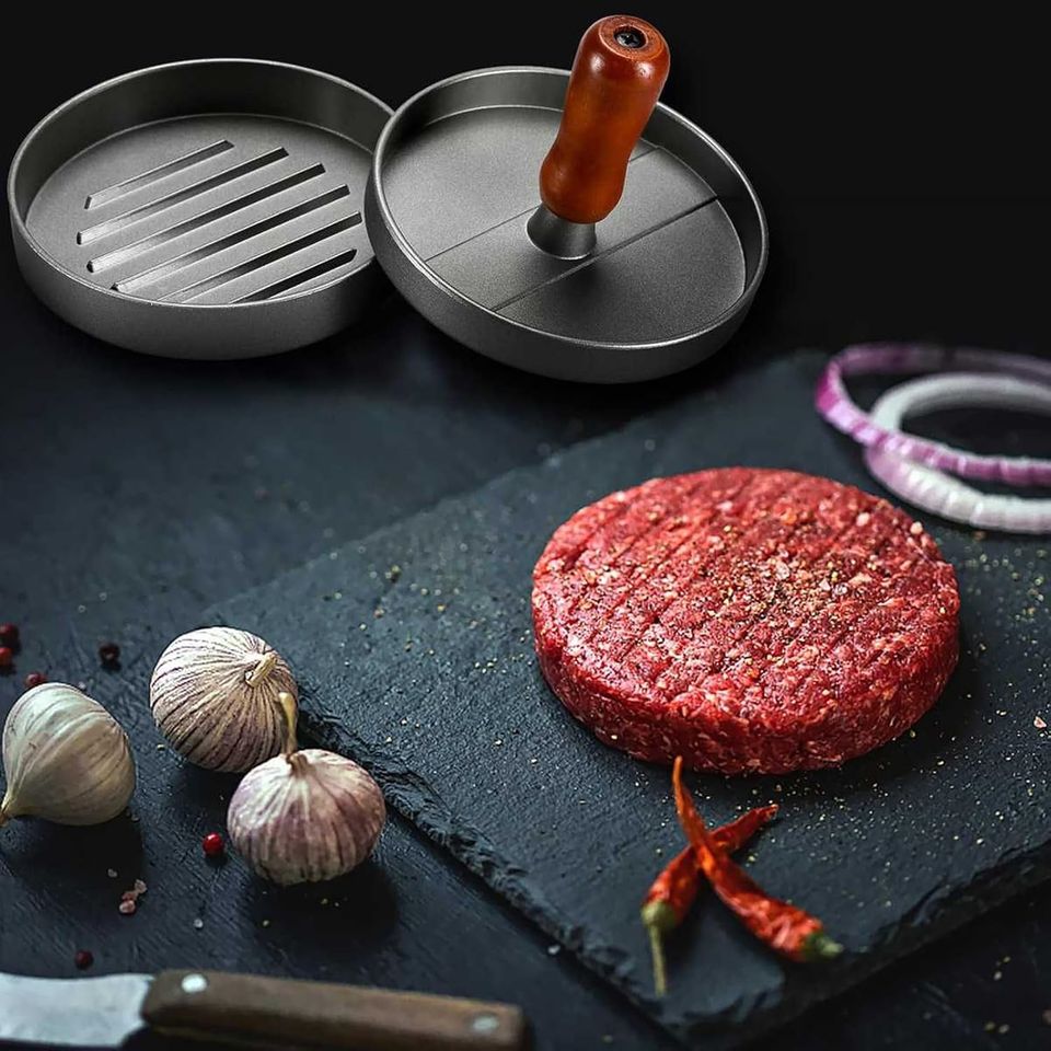 Aluminum Alloy Burger Press with Heat-Resistant Handle Hamburger Tool for BBQ Grill Plate Wooden Anti-Stick Meat Press