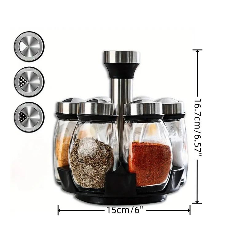 Revolving Spice Rack with 6 Jars Multifunctional Rotating Spice Organizer Kitchen Accessory