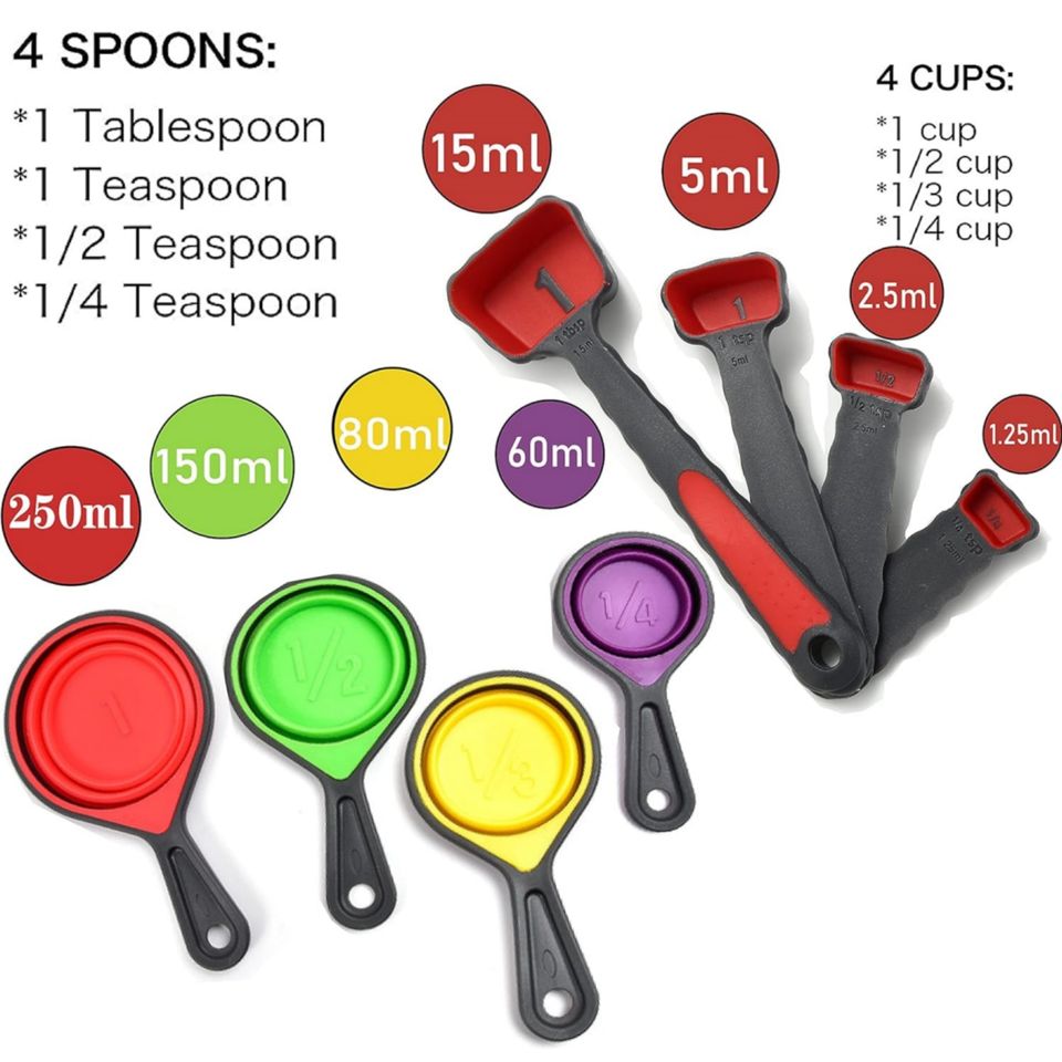 Foldable Silicone Measuring Cups and Spoons Portable Food-Grade Silicone Measuring Set for Baking