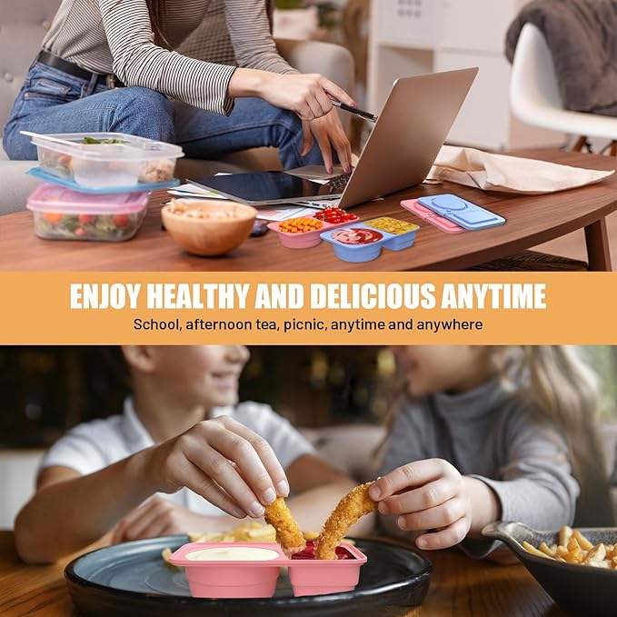 Reusable Silicone Snack Containers with Lid, Double Compartment Snack Box, Silicone Spice Container with Lid
