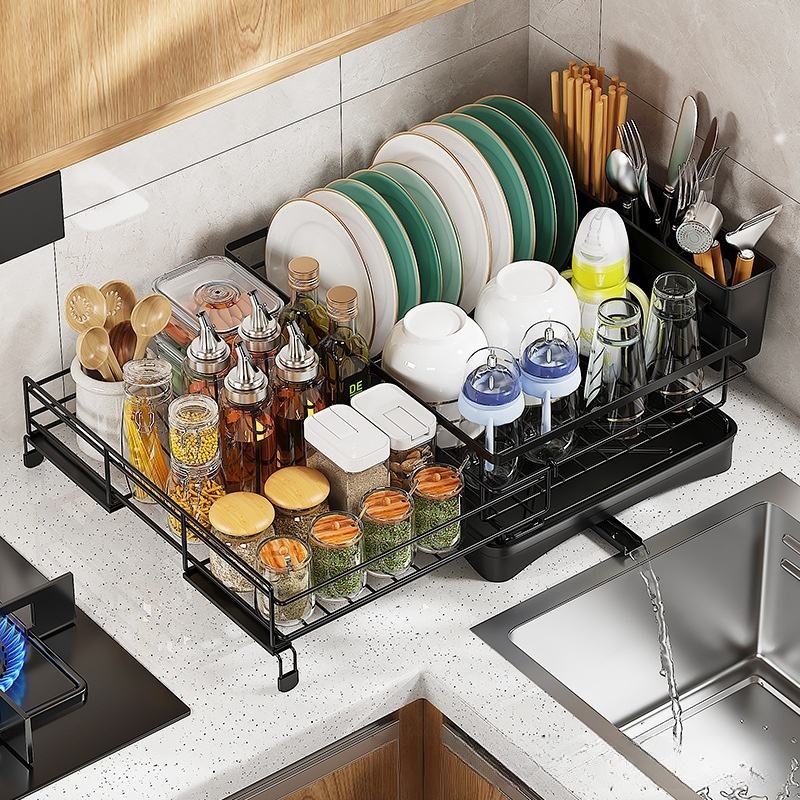 Kitchen Sink Rack and Dish Shelf, Utensil and Cup Storage Rack, Retractable Worktop and Chopsticks Holder