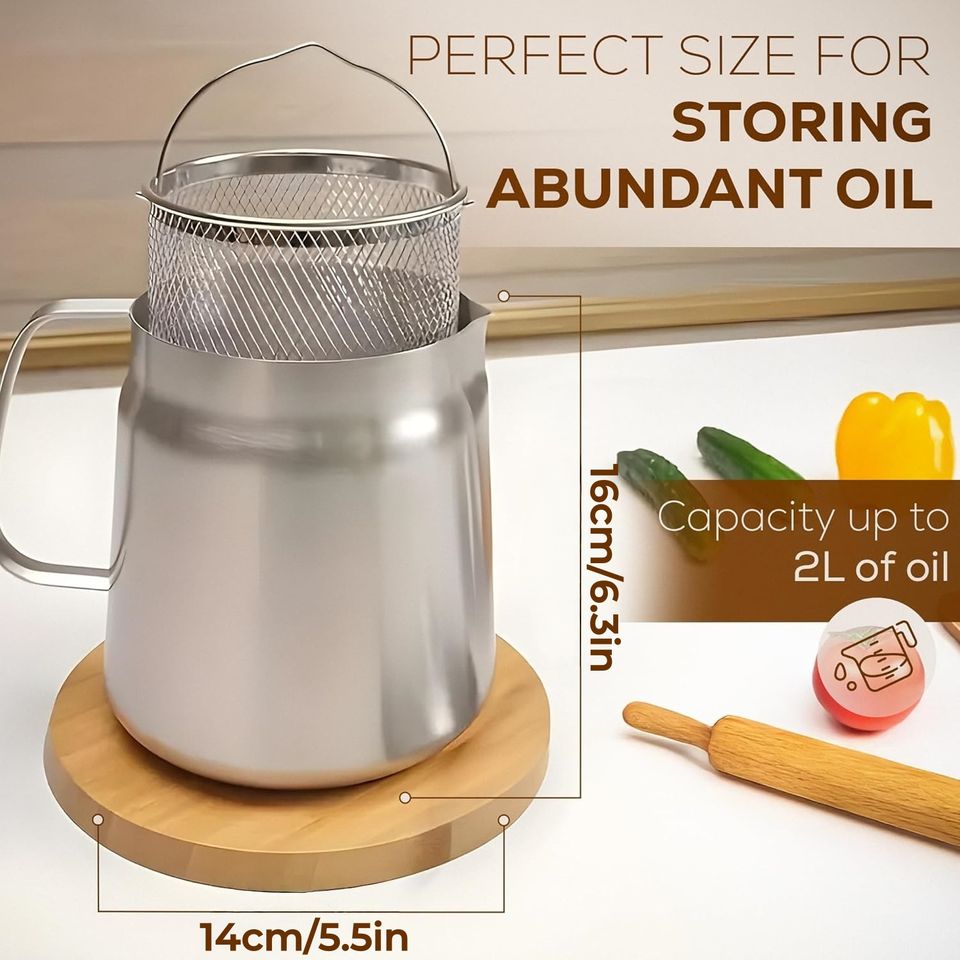 304 Stainless Steel Food-Grade Mesh Oil Filter Pot Multifunction Large Oil Kettle Bottle 1.5L/2.0L Oil Strainer French