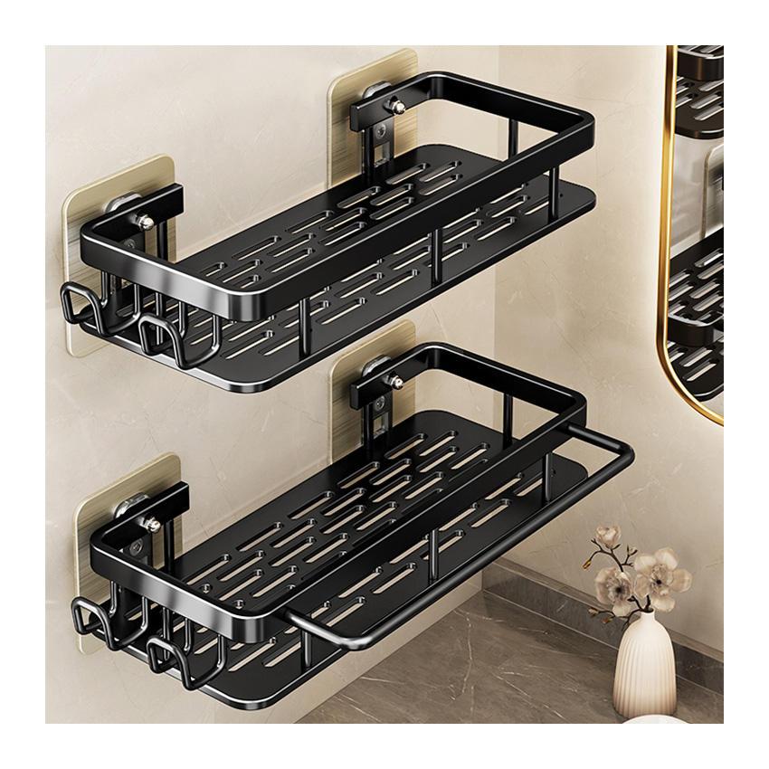 Black Bathroom Shelf Organizer Rack with Self-Adhesive Wall Mount for Bathroom Accessories