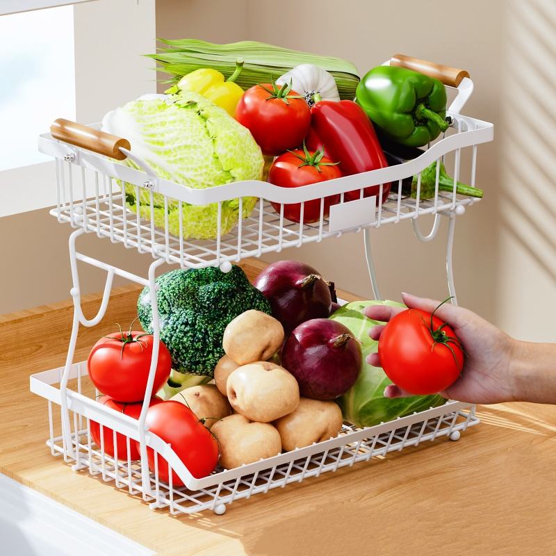 2-Tier Kitchen Metal Shelf Portable Metal Shelf Removable Multi-Layer Fruit Holder Kitchen Fruit Basket