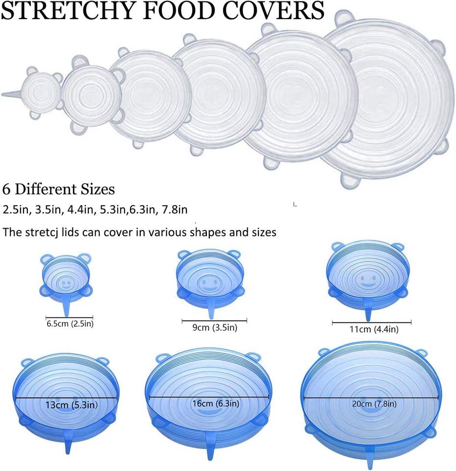 Silicone Stretch Crisper Lids Reusable Bowls Durable Food Storage Silicone Lid, 6 Sizes for Most Containers