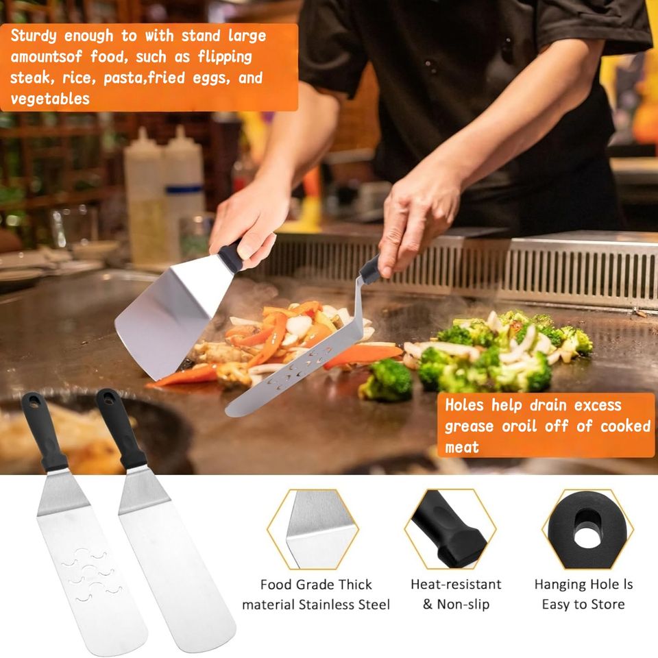 Stainless Steel BBQ Tool Set with Iron Plate Grill Spatula for Camping and Cooking