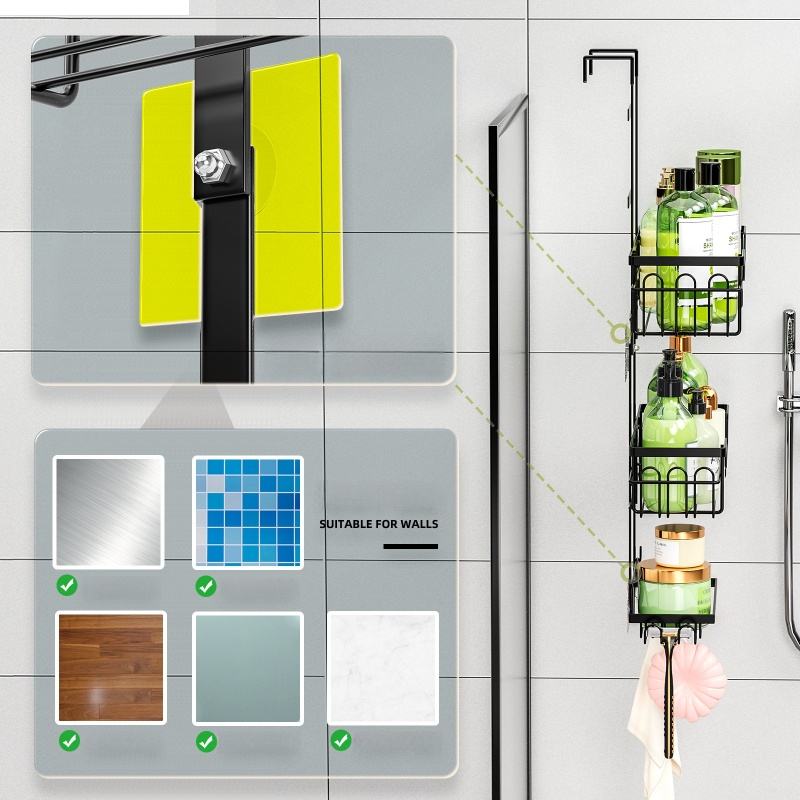 Hanging Shelf with Hooks and Adhesive Pads, Drill-Free Bathroom Storage Rack Shower Caddy