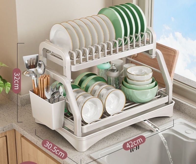 Kitchen Counter Dish Rack with Utensil Holder, Space-Saving 2-Tier Dish Drying Rack for Kitchen, Large Capacity