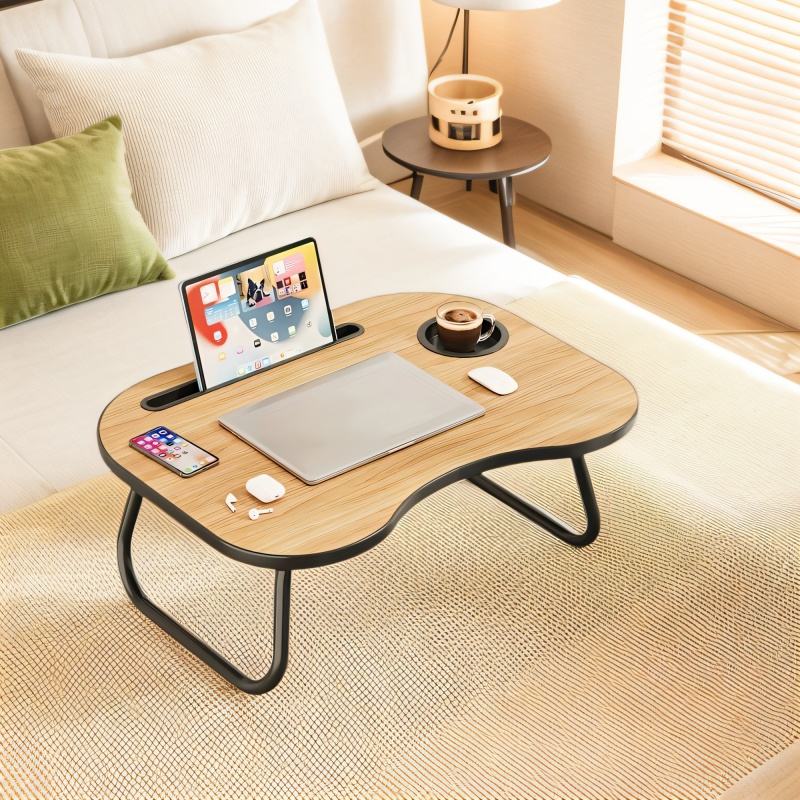 Portable Folding Bed Desk - Compact Computer Desk Made of Recycled Wood Fiberboards, Lightweight, Sturdy Design with Built-In Drink Holder