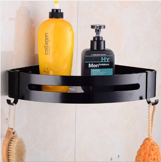 Aluminum Shower Caddy Shelf with Hooks for Bathroom Kitchen Storage Organizer Adhesive No Drilling