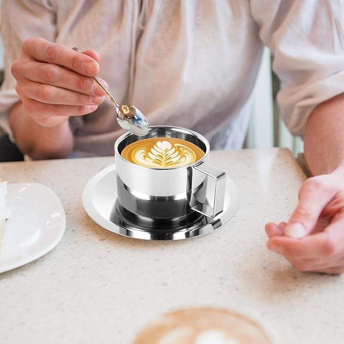 Stainless Steel Coffee Cup Set with Spoons and Tray, Double-Walled Espresso Cups, Suitable for Coffee, Latte