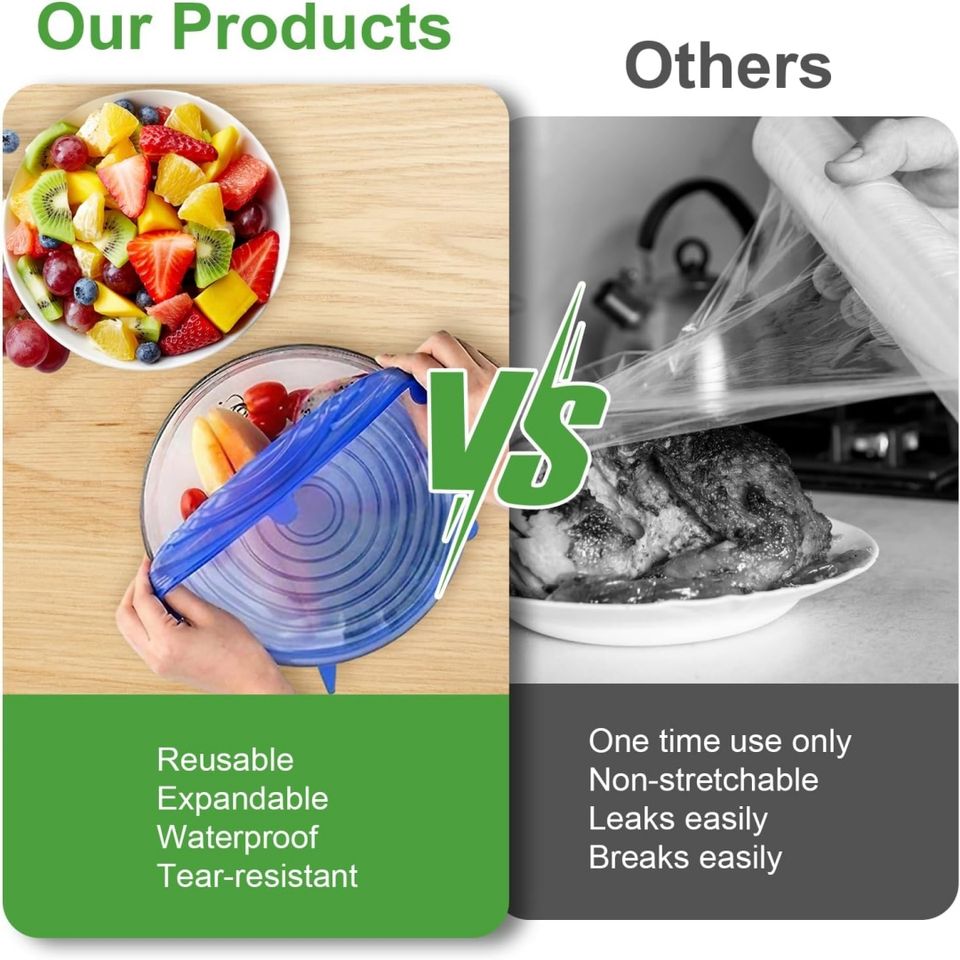 Silicone Stretch Lids - Reusable Airtight Food Wrap for Kitchen, Keeps Food Fresh, Bowl Sealing