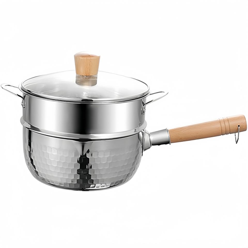Japanese Style Stainless Steel Flat Bottom Household Food Pot with Wooden Handle for Milk Pan and Soup Pots