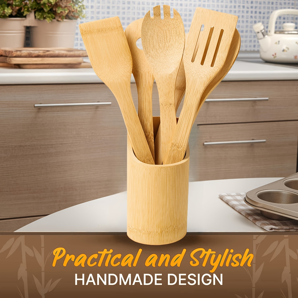 Bamboo Cooking Spoon Set for Everyday Kitchen Use - Durable, Easy to Clean, Sturdy, Lightweight, Heat Resistant