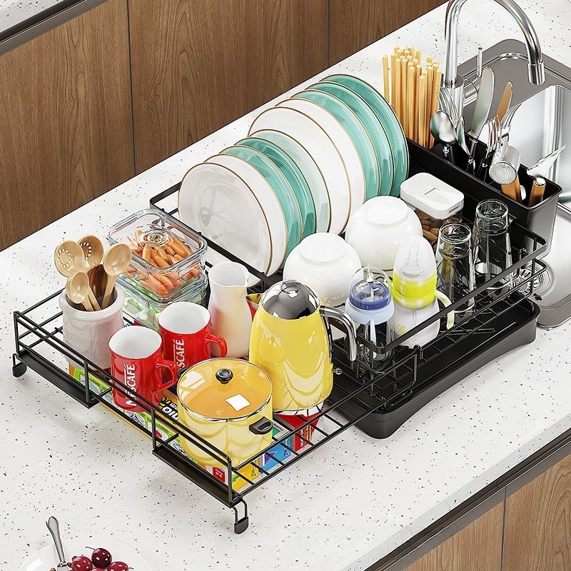 Kitchen Sink Rack and Dish Shelf, Utensil and Cup Storage Rack, Retractable Worktop and Chopsticks Holder