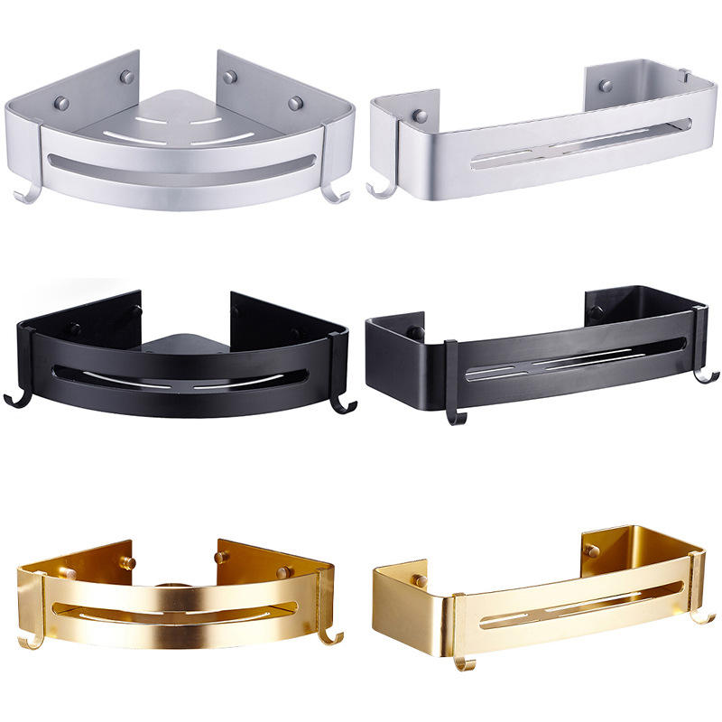 Aluminum Shower Caddy Shelf with Hooks for Bathroom Kitchen Storage Organizer Adhesive No Drilling