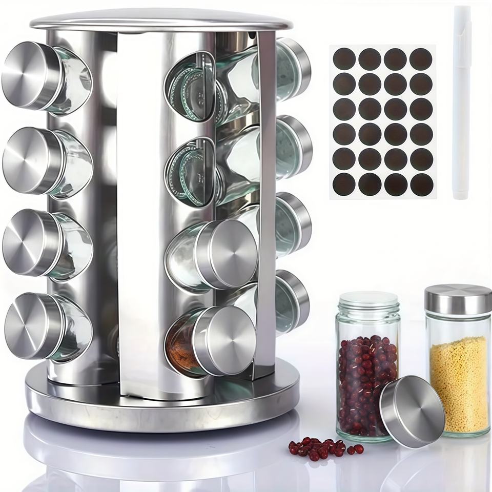 Rotating Glass Spice Rack with Stainless Steel Base for Kitchen Organization