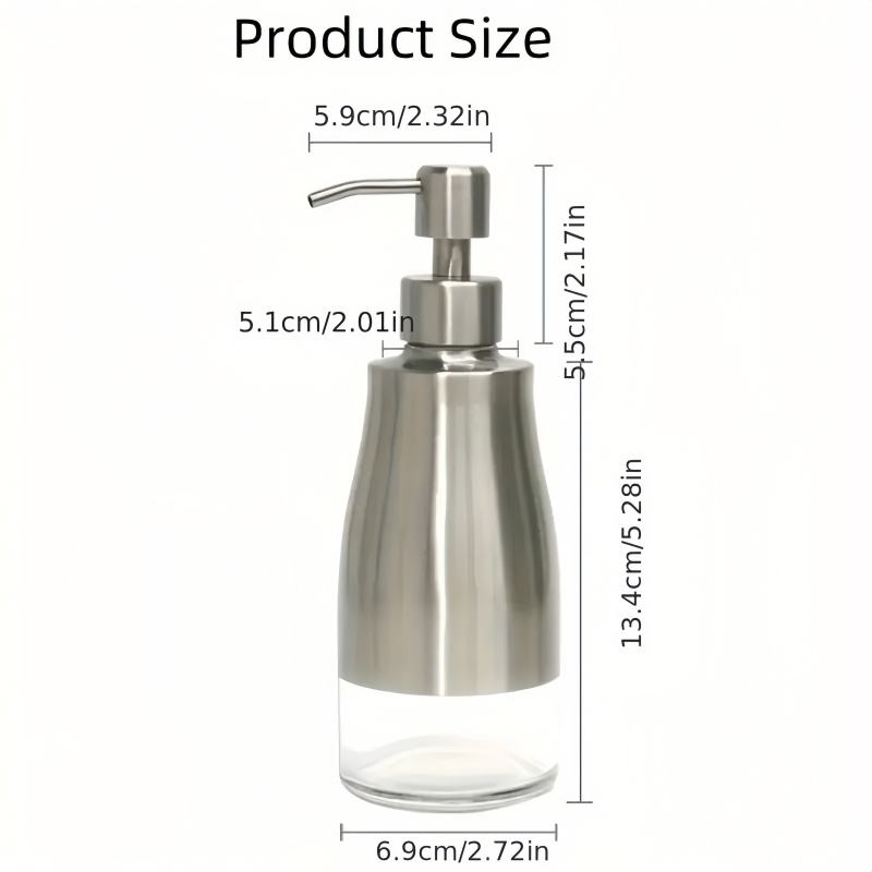 Stainless Steel Non-Slip Soap Dispenser with Glass Insert, Hand Pump for Kitchen/Bathroom - Refillable, 300 ml Capacity