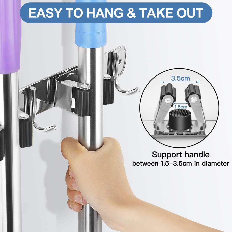 Stainless Steel Mop Holder Self-Adhesive Wall-Mounted Broom and Mop Organizer with Hooks for Kitchen/Bathroom/Office