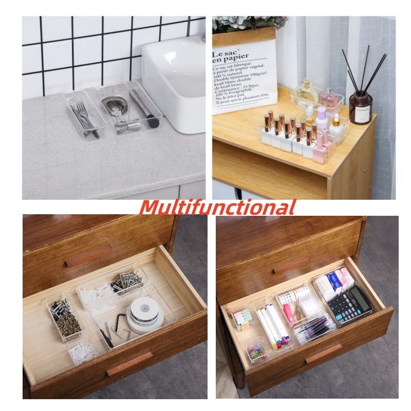 7-Piece Multifunctional Drawer Organizer Set in 4 Sizes, Transparent Plastic Storage Boxes for Makeup/Jewelry/Bedroom/Office