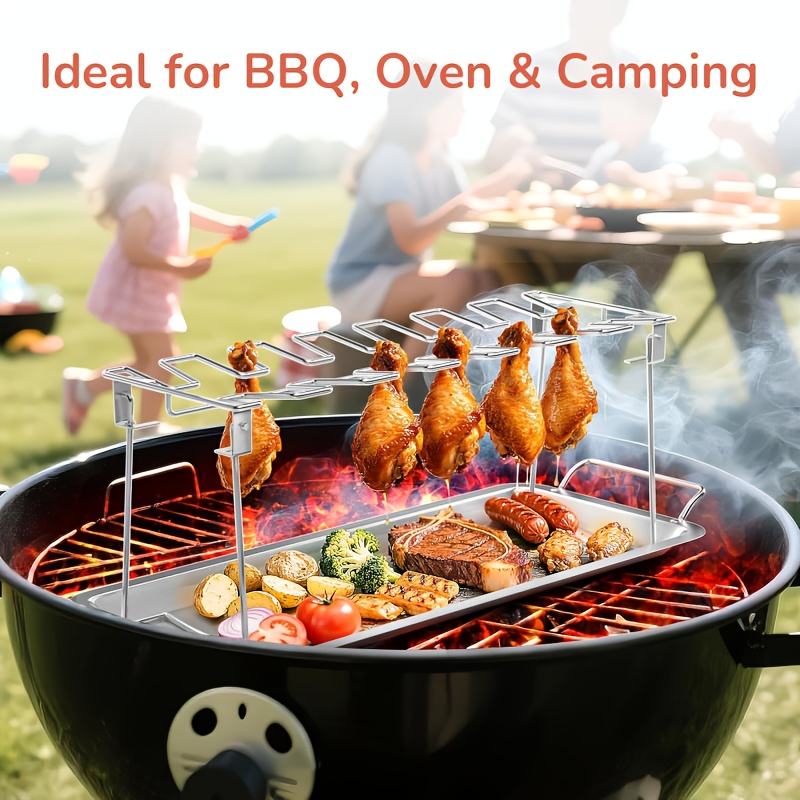 Stainless Steel Chicken Leg Holder with Drip Pan, Foldable Oven Smoker Stand, Easy to Clean, Charcoal Chicken Leg Rack for Outdoor BBQs and Home Use