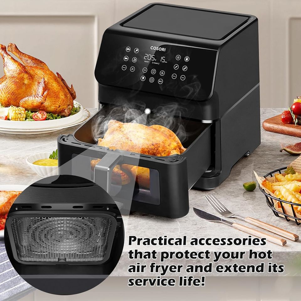 COSORI 6.2L Stainless Steel Air Fryer with Accessory Set, Splatter Screen Lid, and Rack Combo for Heating Cookware Parts