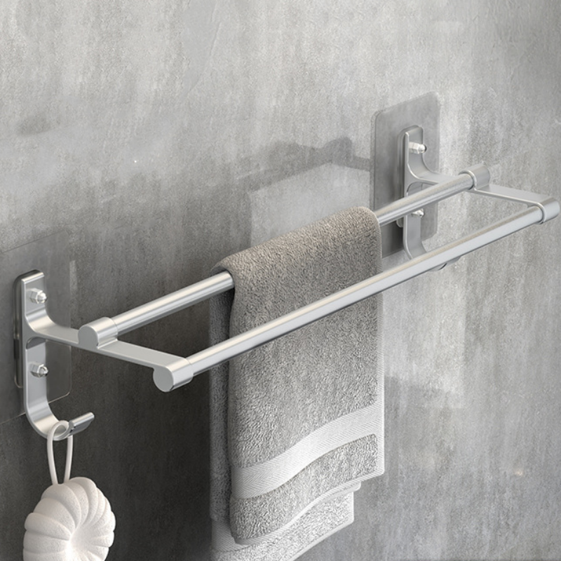 Modern Drill-Free Aluminum Double Rod Wall Towel Rack with Shelf for Bathroom and Toilet Bathroom Shelves