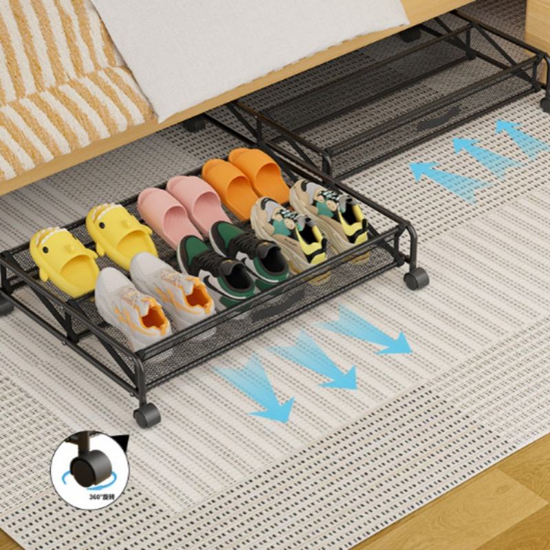 Multifunctional Modern Iron Bed Storage Box Shoe Rack with Wheels for Shoe Organization Under Bed