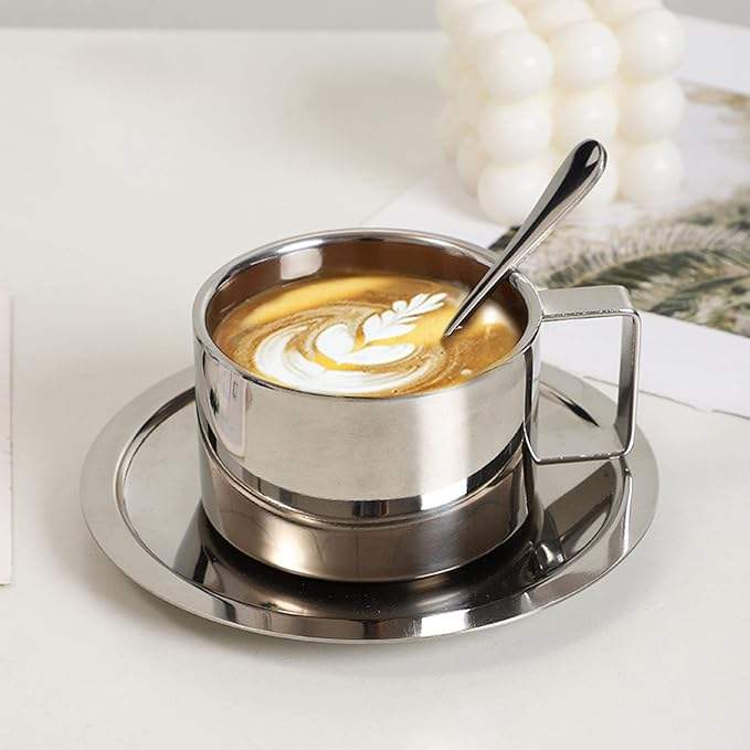 Stainless Steel Coffee Cup Set with Spoons and Tray, Double-Walled Espresso Cups, Suitable for Coffee, Latte