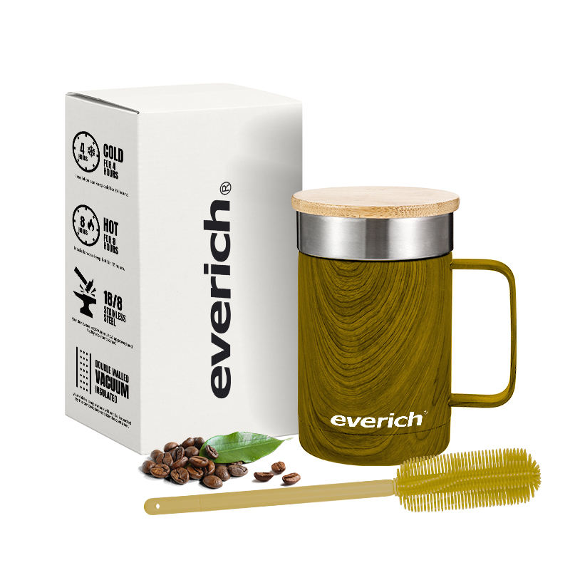 Everich ODM 12oz Green Coffee Mug Double Wall Stainless Steel Reusable Insulated with Bamboo Lid