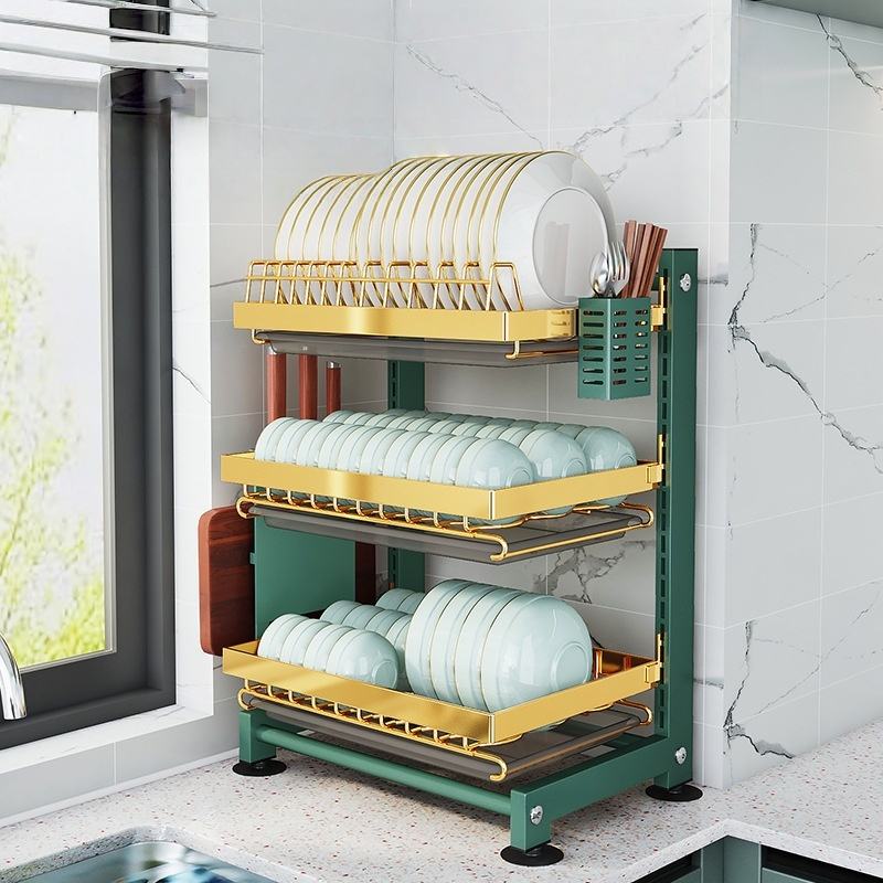 Adjustable Multifunctional Kitchen Utensil Rack, Plate Dish Knife Cutting Board Drainage Organizer, Metal Storage Shelves