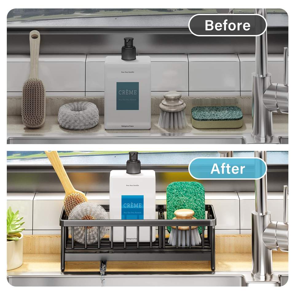 Kitchen Sink Caddy Stainless Steel Sponge Holder for Sink Countertop Brush Organizer