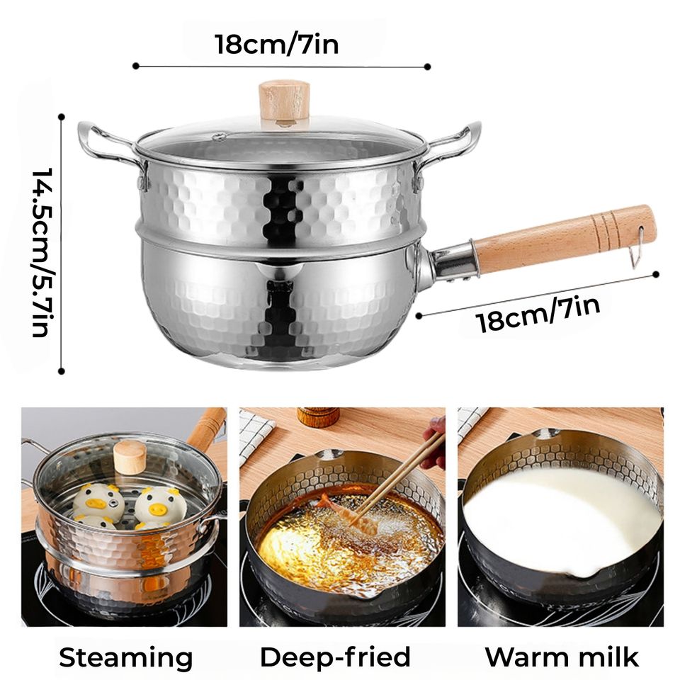 Japanese Style Stainless Steel Flat Bottom Household Food Pot with Wooden Handle for Milk Pan and Soup Pots