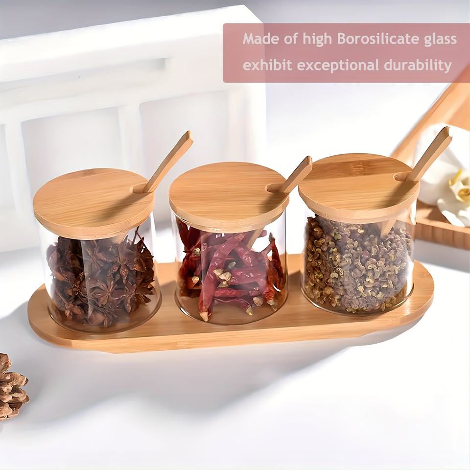 Creative Kitchen Glass Bamboo Lid Spice Jar Set, Salt and Pepper Shakers with Tray and Spoons - Spice Storage Box with Lid