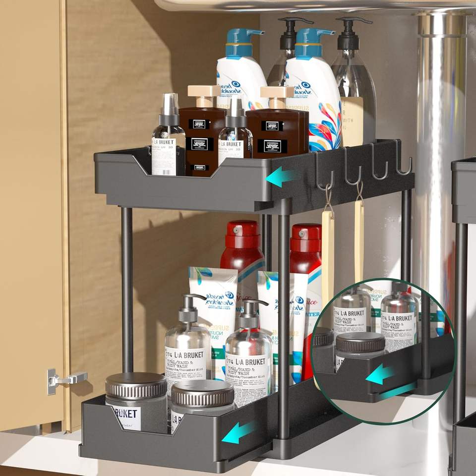 Double Sliding Cabinet Basket Storage Rack with Hooks - Multifunctional Cabinet Storage Shelf Suitable for Household Kitchens