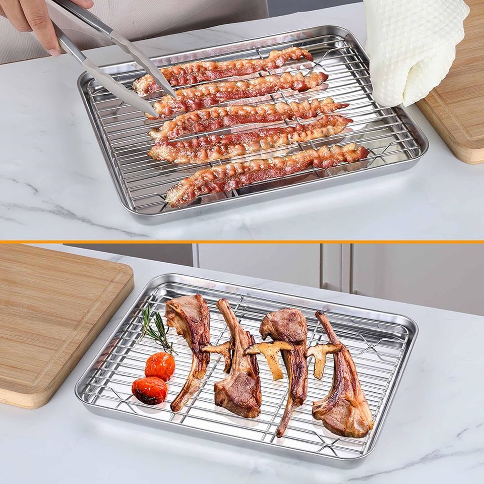 Rectangular Stainless Steel Frying Sieve with Tray Set Environmentally Friendly Metal Sieve for Kitchen Oil and Fruit Frying