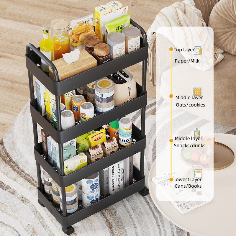 Multifunctional Metal Cart with 3/4 Layers, Easy to Assemble, Rolling Cart, Suitable for Kitchen/Bathroom/Laundry Room