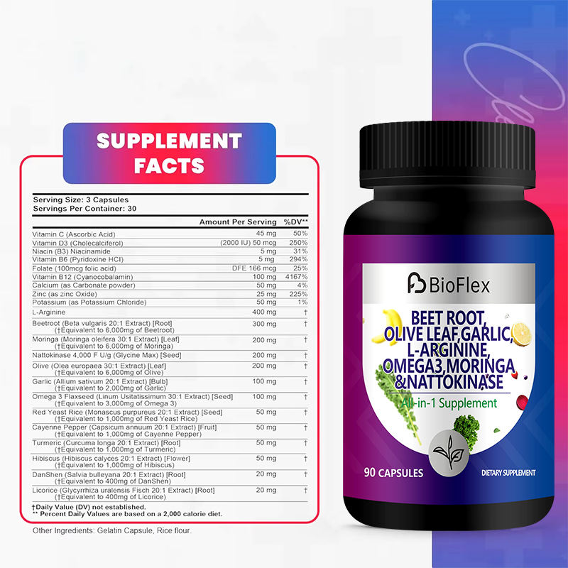 OEM Beet Root Olive Leaf Garlic Moringa Nattokinase Red Yeast Rice Turmeric Herbal Extract Capsule Supplement with Omega 3