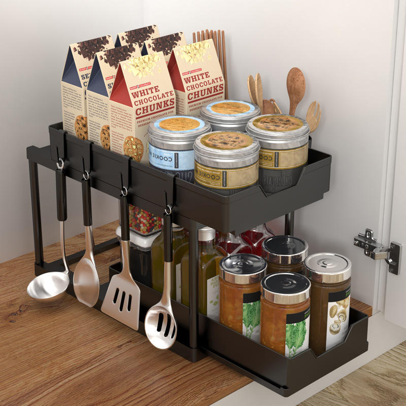Double Sliding Cabinet Basket Storage Rack with Hooks - Multifunctional Cabinet Storage Shelf Suitable for Household Kitchens