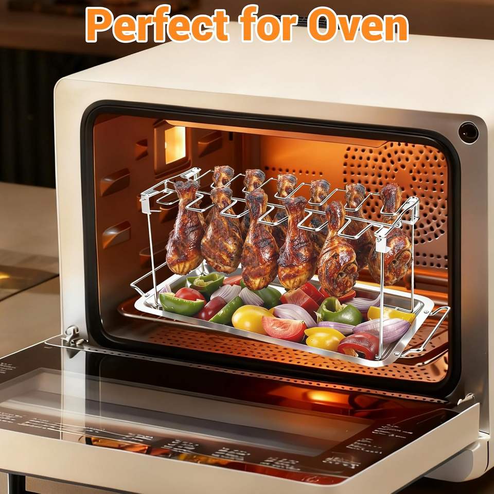 Stainless Steel Chicken Leg Holder with Drip Pan, Foldable Oven Smoker Stand, Easy to Clean, Charcoal Chicken Leg Rack for Outdoor BBQs and Home Use