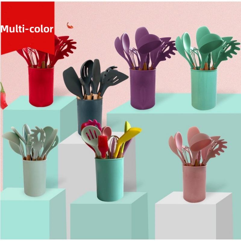 High-Quality 12-Piece Silicone Kitchen Utensil Set with Wooden Handle - Non-Stick Spoon, Ladle, Spatula, Tongs Kitchen Tool